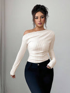 EMERY ROSE Women's Marble Ombre Print Asymmetric Neck Fitted Elegant Pleated Long Sleeve T-Shirt Graphic Tees Women Tops For Spring Outfit