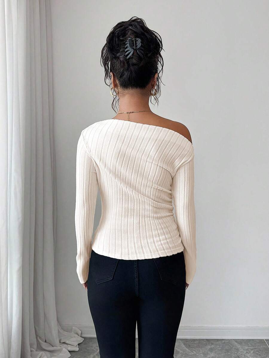 EMERY ROSE Women's Marble Ombre Print Asymmetric Neck Fitted Elegant Pleated Long Sleeve T-Shirt Graphic Tees Women Tops For Spring Outfit