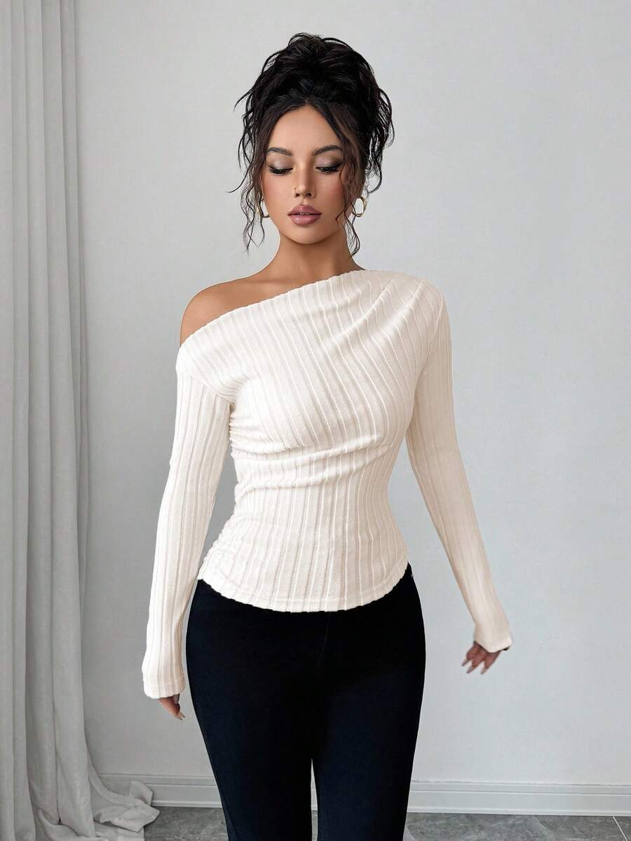 EMERY ROSE Women's Marble Ombre Print Asymmetric Neck Fitted Elegant Pleated Long Sleeve T-Shirt Graphic Tees Women Tops For Spring Outfit