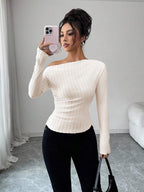 EMERY ROSE Women's Marble Ombre Print Asymmetric Neck Fitted Elegant Pleated Long Sleeve T-Shirt Graphic Tees Women Tops For Spring Outfit