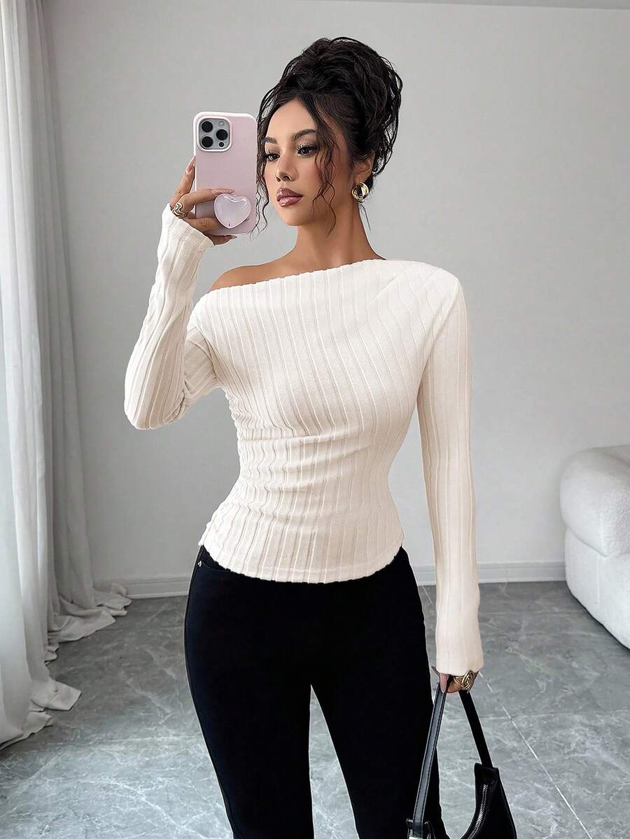 EMERY ROSE Women's Marble Ombre Print Asymmetric Neck Fitted Elegant Pleated Long Sleeve T-Shirt Graphic Tees Women Tops For Spring Outfit