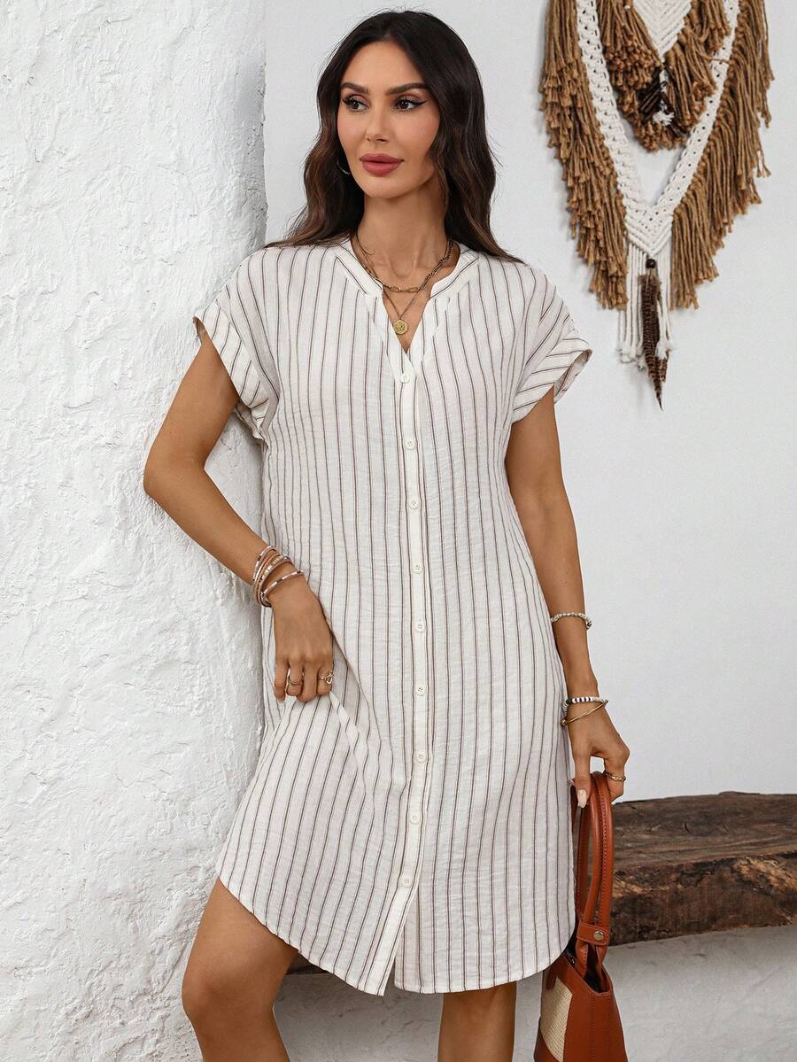 EMERY ROSE Solid Notched Button Front Batwing Sleeve Shirt Dress,Summer Dresses For Women