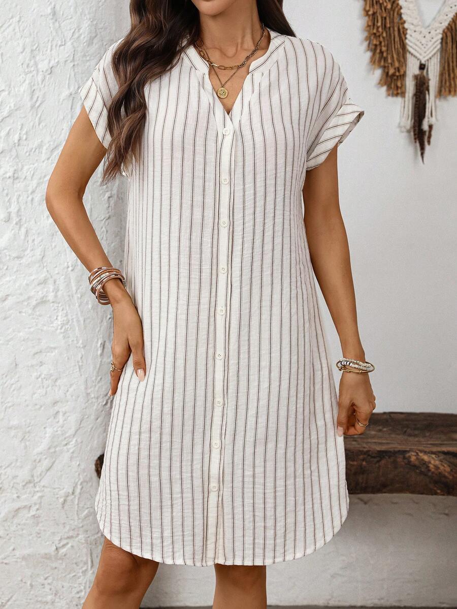 EMERY ROSE Solid Notched Button Front Batwing Sleeve Shirt Dress,Summer Dresses For Women