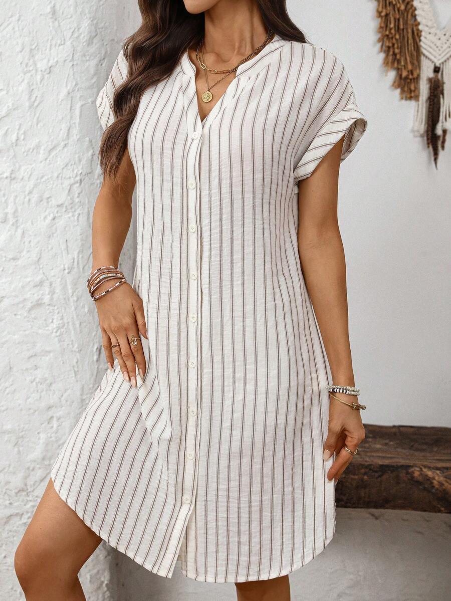 EMERY ROSE Solid Notched Button Front Batwing Sleeve Shirt Dress,Summer Dresses For Women