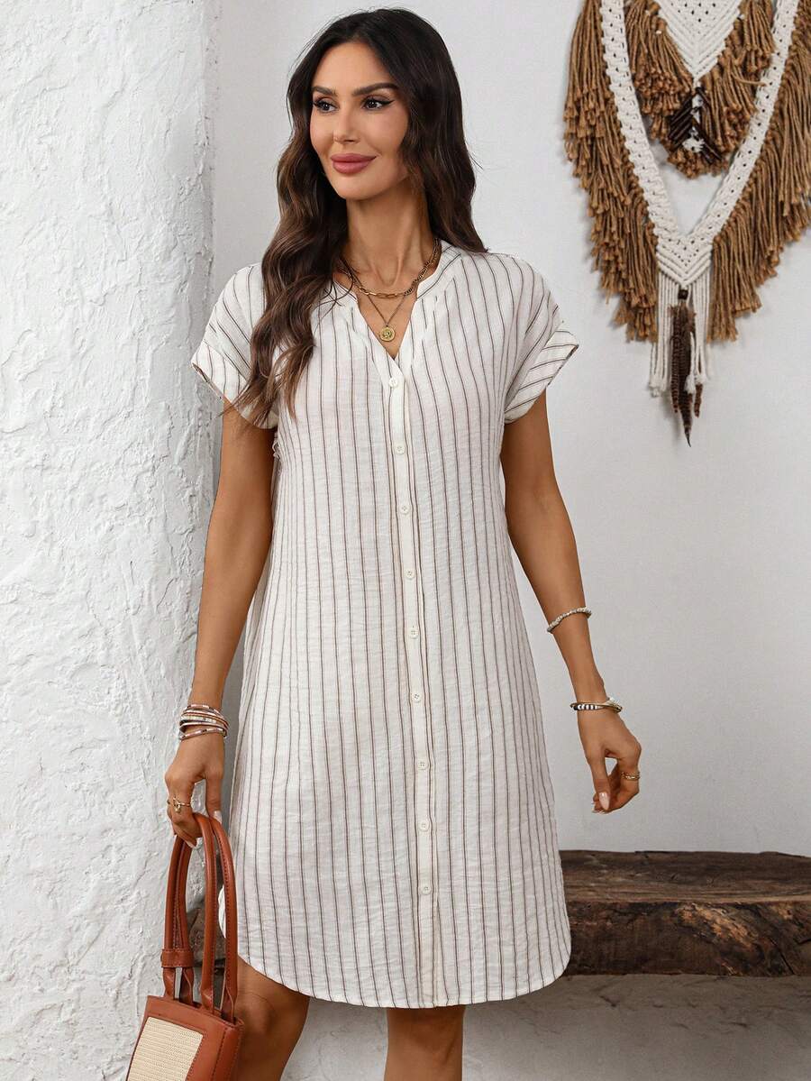 EMERY ROSE Solid Notched Button Front Batwing Sleeve Shirt Dress,Summer Dresses For Women