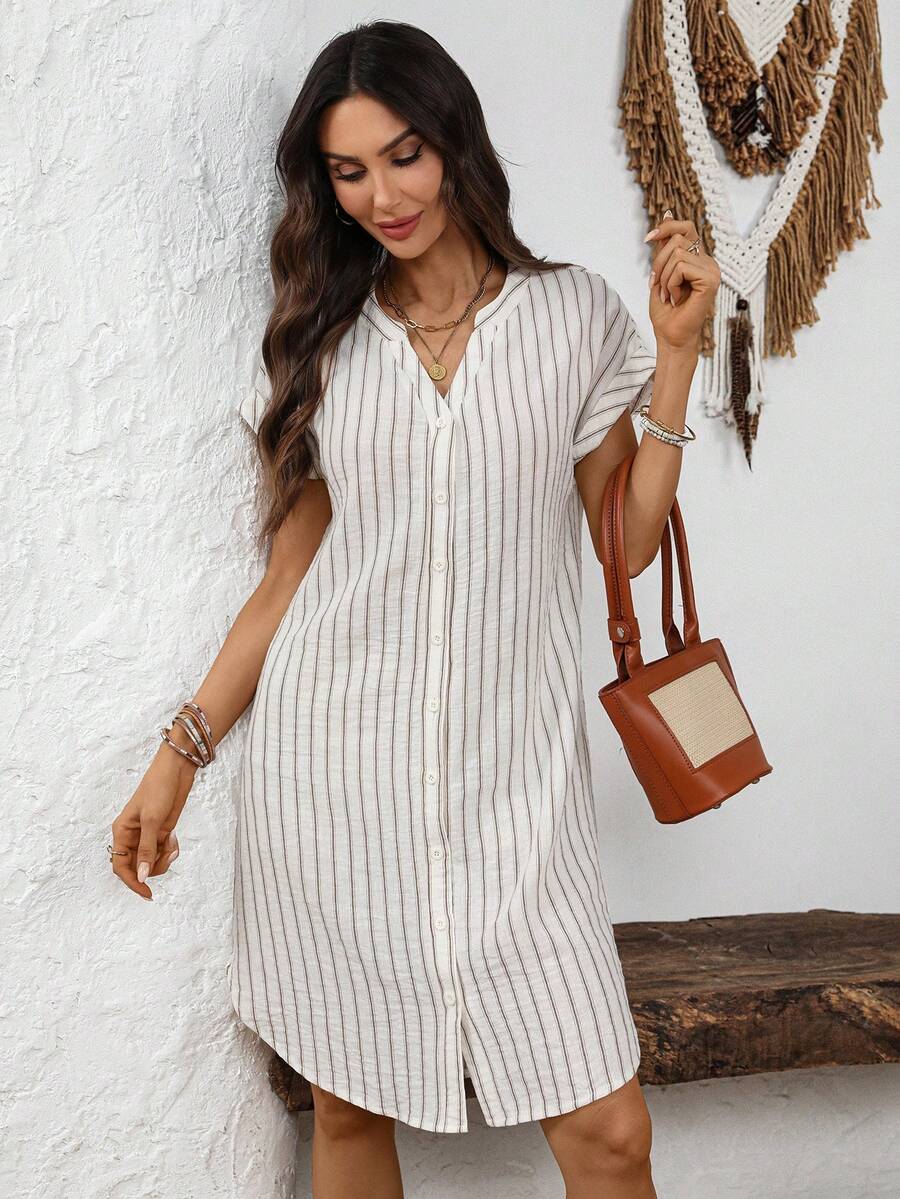 EMERY ROSE Solid Notched Button Front Batwing Sleeve Shirt Dress,Summer Dresses For Women