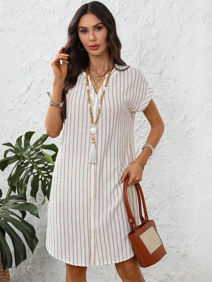 EMERY ROSE Solid Notched Button Front Batwing Sleeve Shirt Dress,Summer Dresses For Women