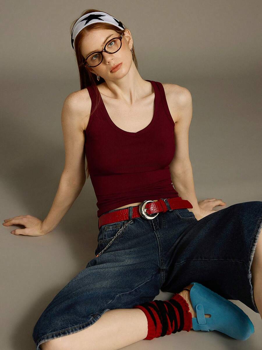 Chiquease Sexy Sleeveless Knitted Crop Top, Fitted Sports Camisole