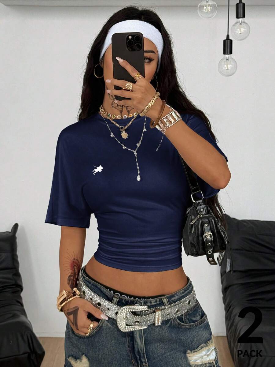 Coolane Women's Summer Minimalist Y2K Basic Daily Wear Casual Back To School Streetwear Stretchy Navy Blue Loose Ruched Crop Tees