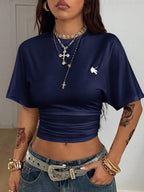 Coolane Women's Summer Minimalist Y2K Basic Daily Wear Casual Back To School Streetwear Stretchy Navy Blue Loose Ruched Crop Tees