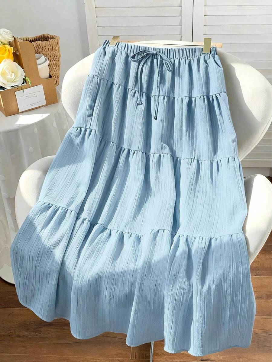 MainGRL Women Solid Color High Waist Tie Ruffled Hem Maxi Skirt