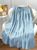 MainGRL Women Solid Color High Waist Tie Ruffled Hem Maxi Skirt
