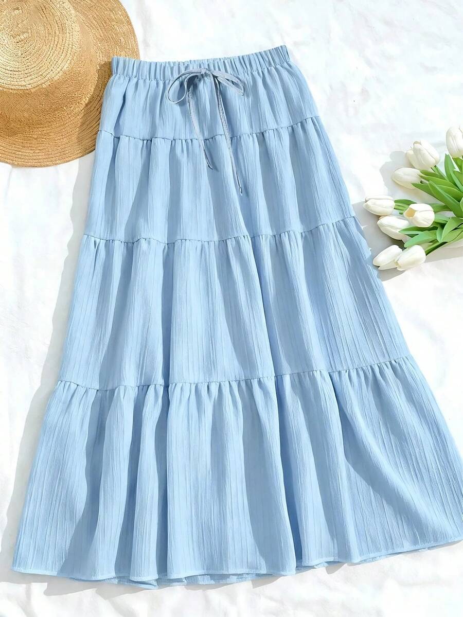 MainGRL Women Solid Color High Waist Tie Ruffled Hem Maxi Skirt