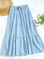 MainGRL Women Solid Color High Waist Tie Ruffled Hem Maxi Skirt