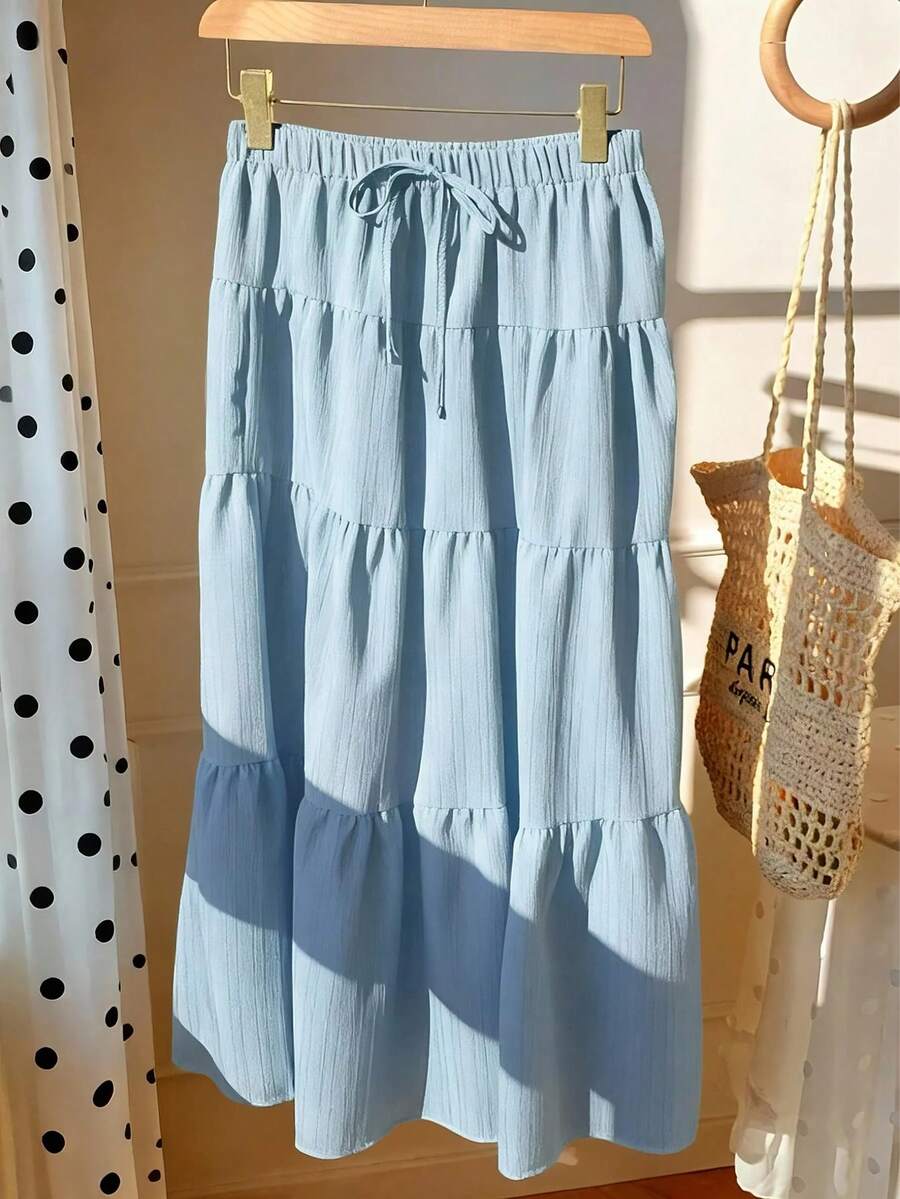 MainGRL Women Solid Color High Waist Tie Ruffled Hem Maxi Skirt