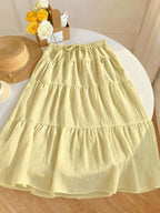 MainGRL Women Solid Color High Waist Tie Ruffled Hem Maxi Skirt