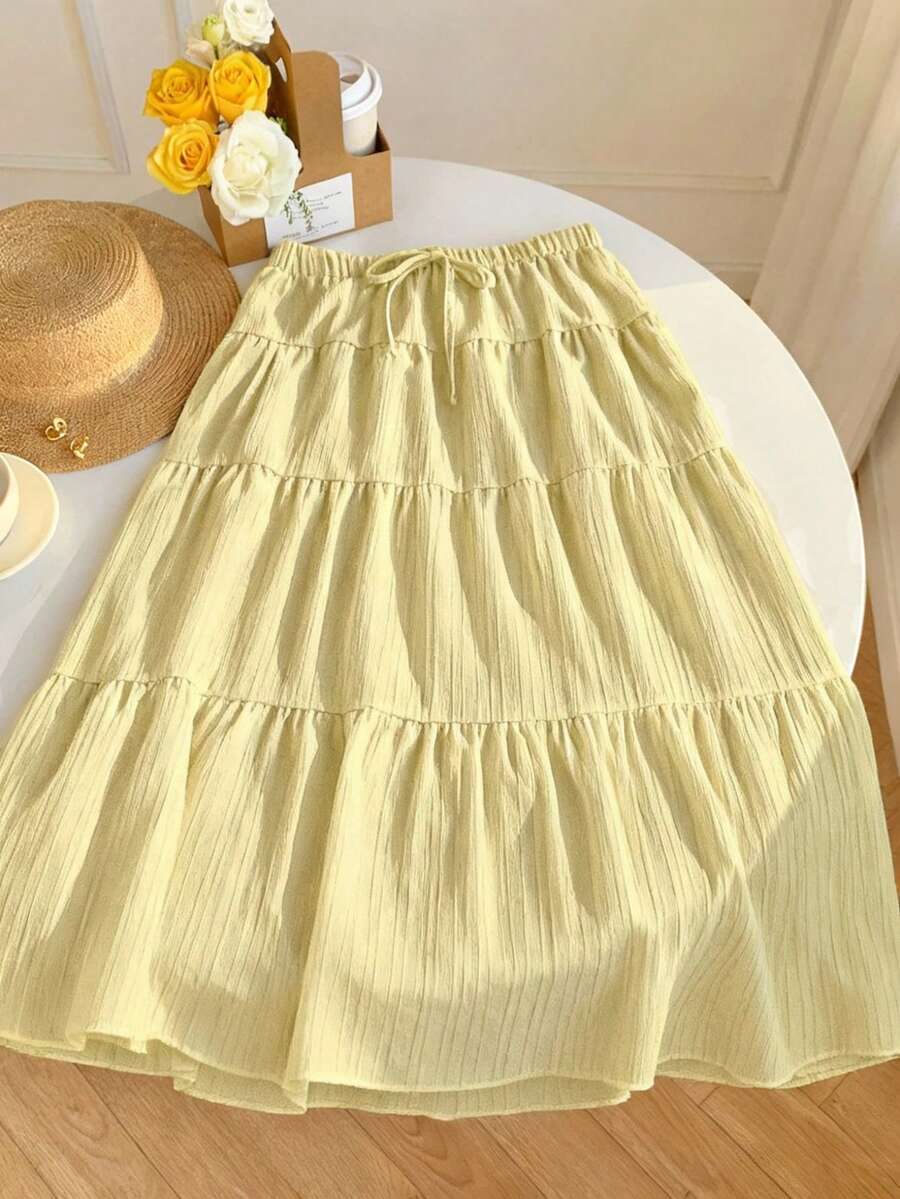 MainGRL Women Solid Color High Waist Tie Ruffled Hem Maxi Skirt