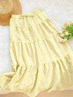MainGRL Women Solid Color High Waist Tie Ruffled Hem Maxi Skirt