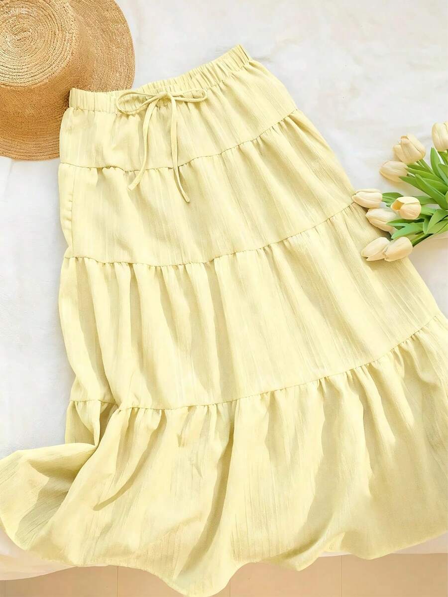 MainGRL Women Solid Color High Waist Tie Ruffled Hem Maxi Skirt