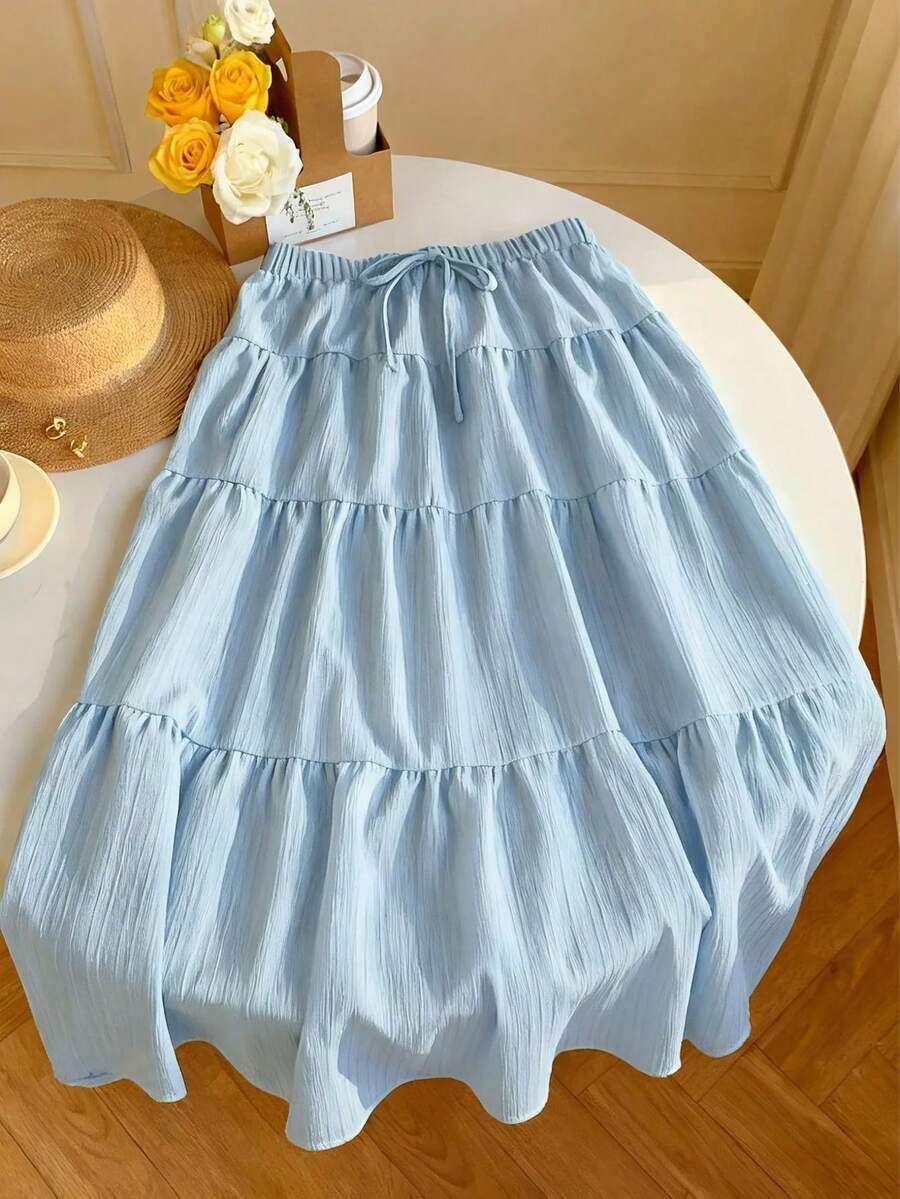 MainGRL Women Solid Color High Waist Tie Ruffled Hem Maxi Skirt