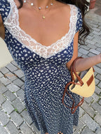 SHEIN Unity Black & White Polka Dot Print Patchwork Lace Trim Heart Collar Puffy Short Sleeve High Waist A-Line Midi Dress, Minimalist Chic, Sweet & Elegant, Suitable For Daily, Travel, Spring/Summer, Women