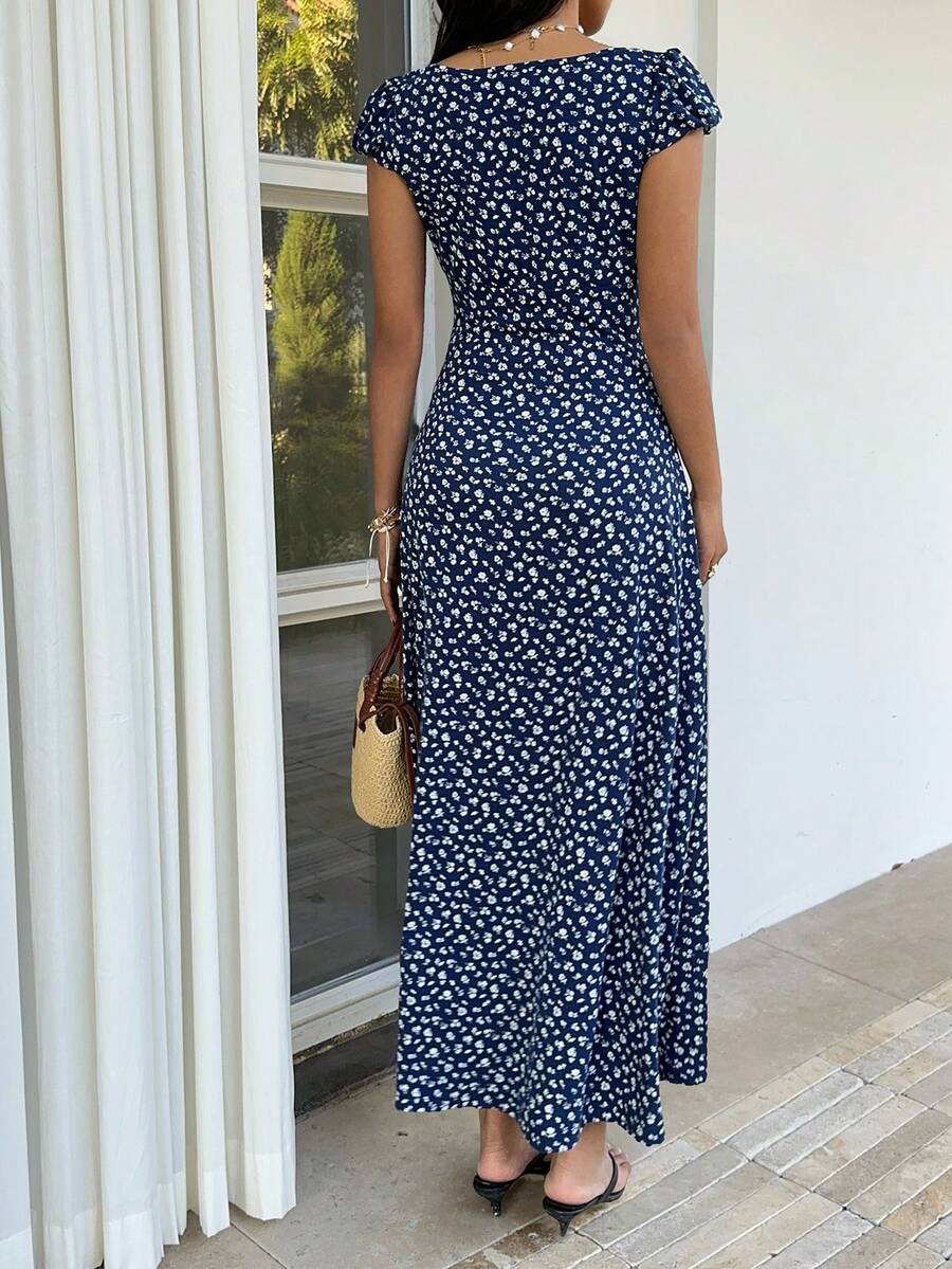 SHEIN Unity Black & White Polka Dot Print Patchwork Lace Trim Heart Collar Puffy Short Sleeve High Waist A-Line Midi Dress, Minimalist Chic, Sweet & Elegant, Suitable For Daily, Travel, Spring/Summer, Women
