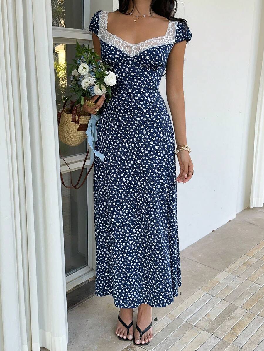 SHEIN Unity Black & White Polka Dot Print Patchwork Lace Trim Heart Collar Puffy Short Sleeve High Waist A-Line Midi Dress, Minimalist Chic, Sweet & Elegant, Suitable For Daily, Travel, Spring/Summer, Women