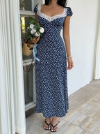 SHEIN Unity Black & White Polka Dot Print Patchwork Lace Trim Heart Collar Puffy Short Sleeve High Waist A-Line Midi Dress, Minimalist Chic, Sweet & Elegant, Suitable For Daily, Travel, Spring/Summer, Women