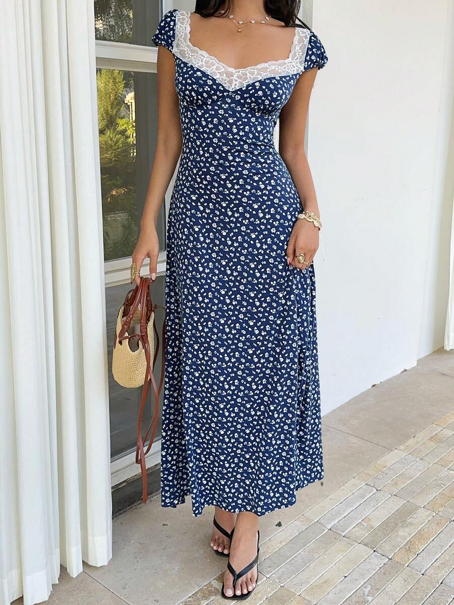 SHEIN Unity Black & White Polka Dot Print Patchwork Lace Trim Heart Collar Puffy Short Sleeve High Waist A-Line Midi Dress, Minimalist Chic, Sweet & Elegant, Suitable For Daily, Travel, Spring/Summer, Women