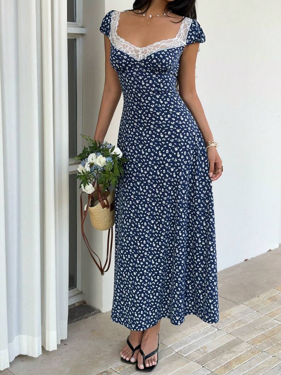SHEIN Unity Black & White Polka Dot Print Patchwork Lace Trim Heart Collar Puffy Short Sleeve High Waist A-Line Midi Dress, Minimalist Chic, Sweet & Elegant, Suitable For Daily, Travel, Spring/Summer, Women