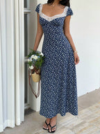SHEIN Unity Black & White Polka Dot Print Patchwork Lace Trim Heart Collar Puffy Short Sleeve High Waist A-Line Midi Dress, Minimalist Chic, Sweet & Elegant, Suitable For Daily, Travel, Spring/Summer, Women