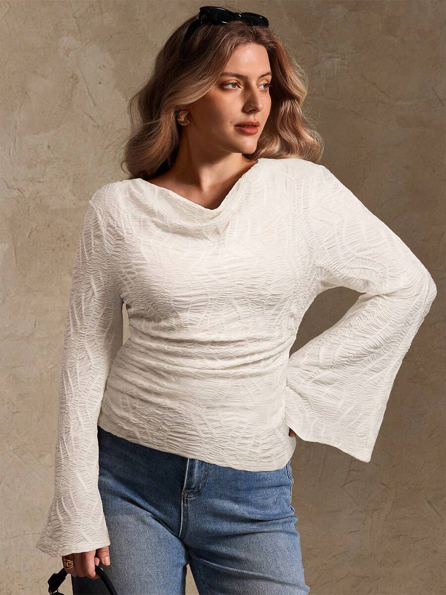 Elegantrix Plus Size Women Loose Collar Flare Sleeve Gathered Waist Ruched Chiffon Knit Casual Top, Autumn/Winter