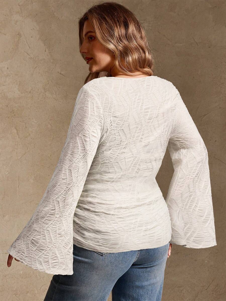 Elegantrix Plus Size Women Loose Collar Flare Sleeve Gathered Waist Ruched Chiffon Knit Casual Top, Autumn/Winter