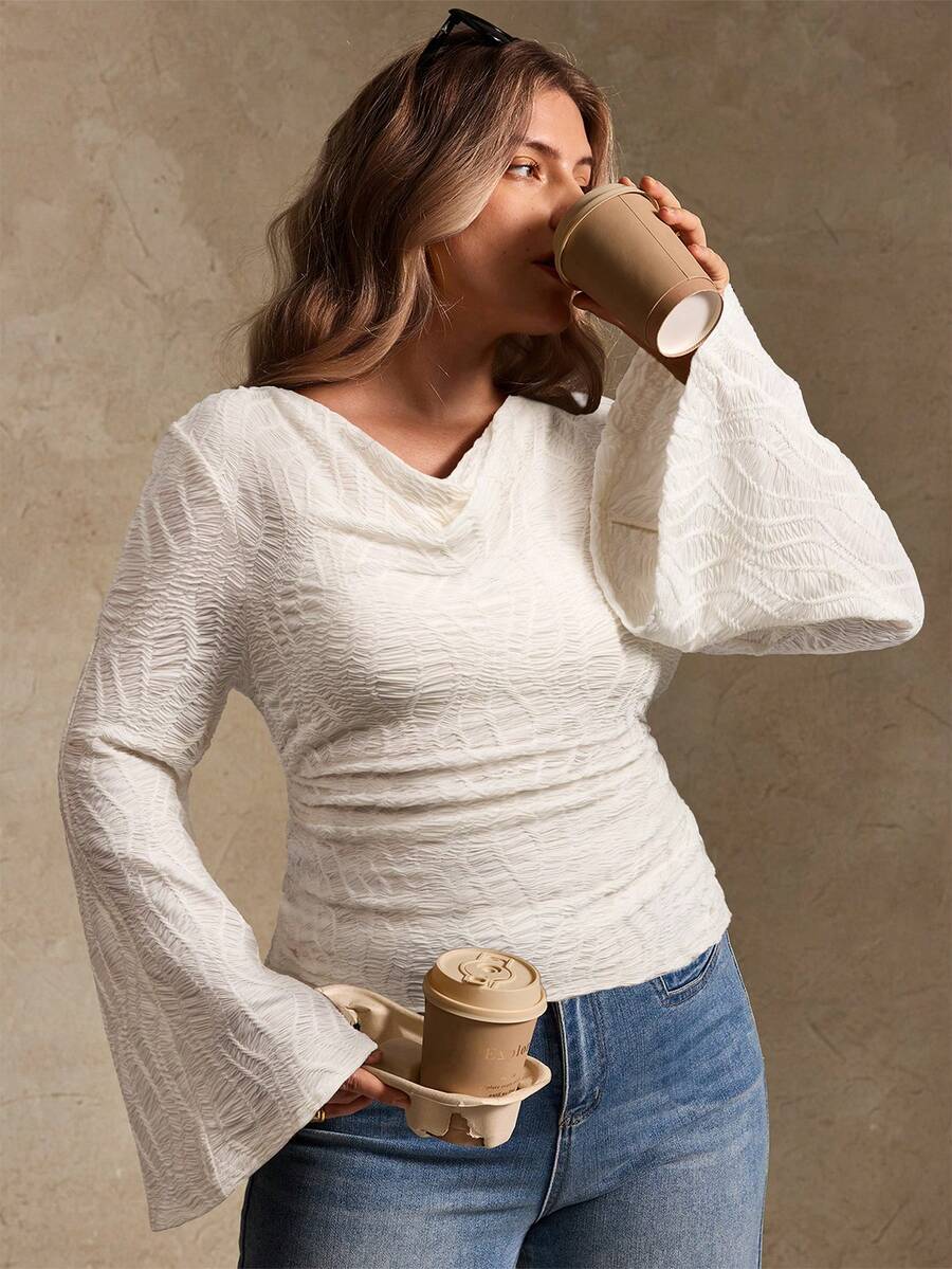 Elegantrix Plus Size Women Loose Collar Flare Sleeve Gathered Waist Ruched Chiffon Knit Casual Top, Autumn/Winter