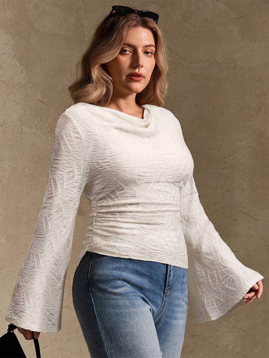 Elegantrix Plus Size Women Loose Collar Flare Sleeve Gathered Waist Ruched Chiffon Knit Casual Top, Autumn/Winter