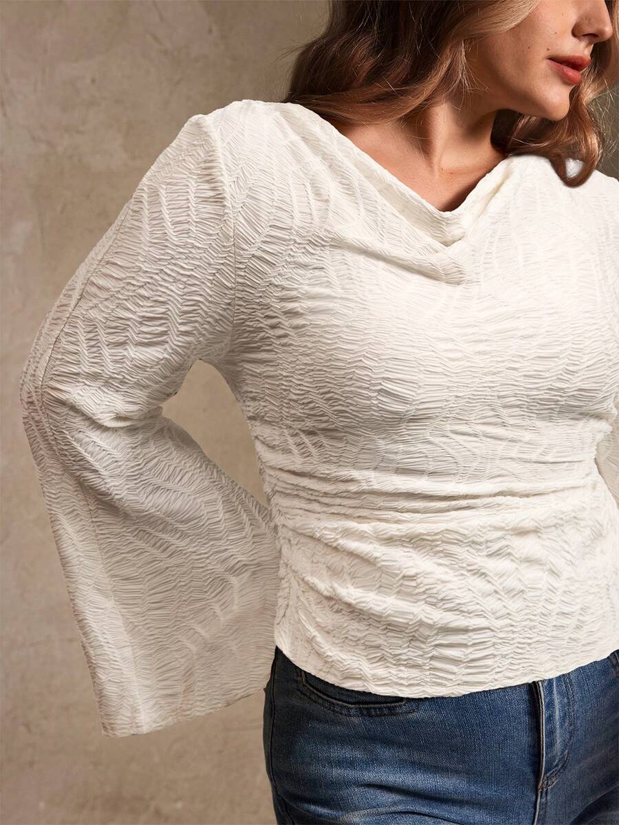Elegantrix Plus Size Women Loose Collar Flare Sleeve Gathered Waist Ruched Chiffon Knit Casual Top, Autumn/Winter