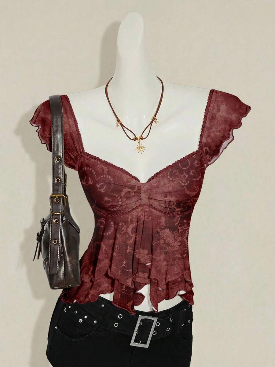 SHEIN ICON Women Ruched Front Slim-Fit Sexy Mesh Patchwork Tie Back Flutter Sleeveless Cami Top, Casual Vacation Top Ruffle Top