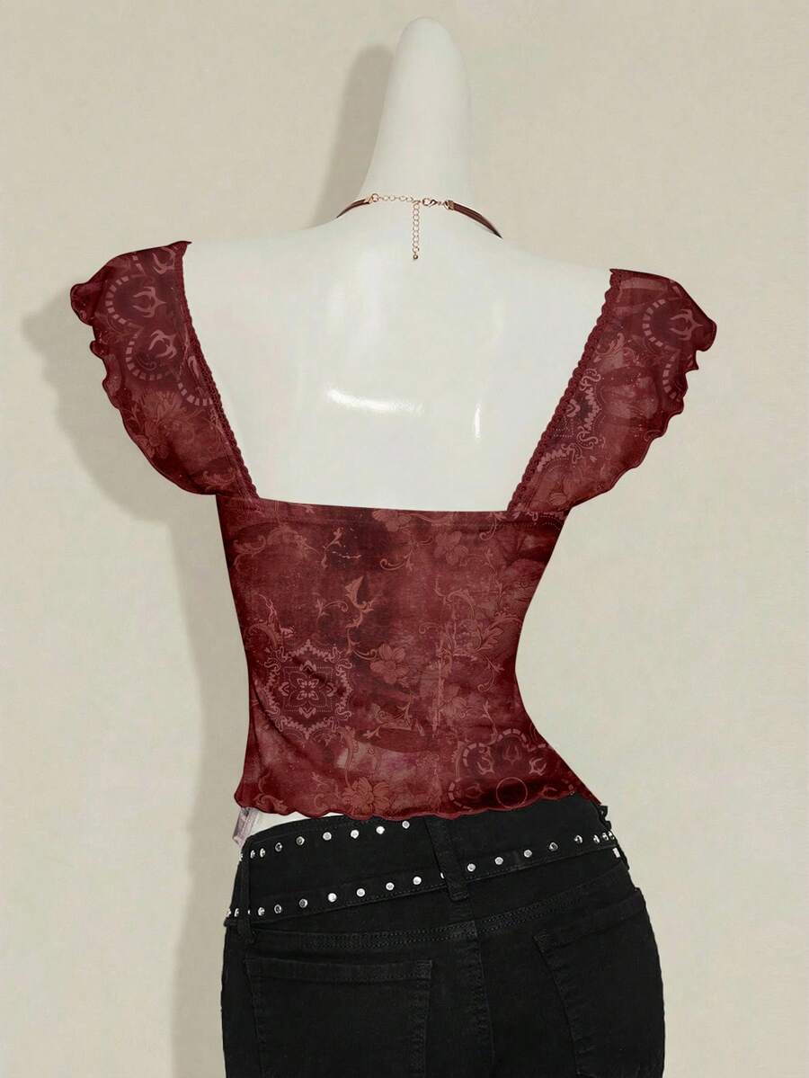 SHEIN ICON Women Ruched Front Slim-Fit Sexy Mesh Patchwork Tie Back Flutter Sleeveless Cami Top, Casual Vacation Top Ruffle Top