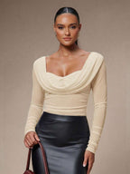 Silquee Women's Solid Color Plunging Neck Long Sleeve Fitted Fashionable Mesh Blouse See Through Top Mesh Top Top Long Sleeve Top