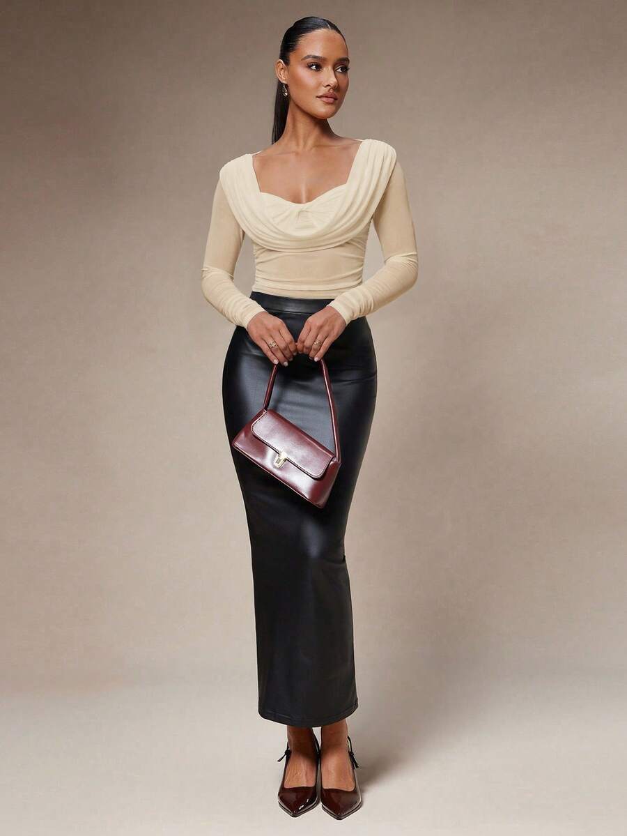Silquee Women's Solid Color Plunging Neck Long Sleeve Fitted Fashionable Mesh Blouse See Through Top Mesh Top Top Long Sleeve Top