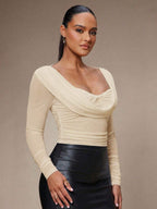 Silquee Women's Solid Color Plunging Neck Long Sleeve Fitted Fashionable Mesh Blouse See Through Top Mesh Top Top Long Sleeve Top