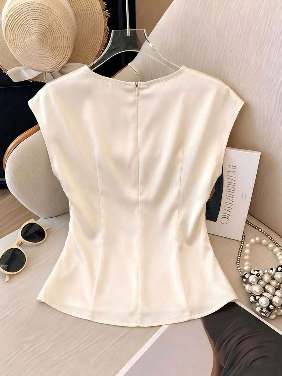 Franclia Women's Elegant Round Neck, Fitted Waist, Versatile Solid Color Top; High-Quality Satin Satin Fabric White Satin Short Sleeve Top With Pleated Waist. Summer