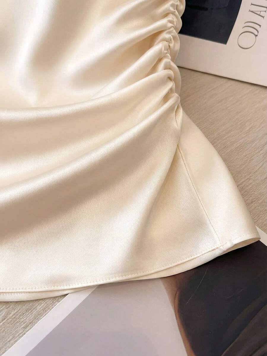 Franclia Women's Elegant Round Neck, Fitted Waist, Versatile Solid Color Top; High-Quality Satin Satin Fabric White Satin Short Sleeve Top With Pleated Waist. Summer