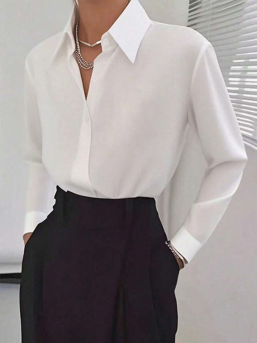 Classic Women's Black Button Detail Long Sleeve Regular Collar Shirt