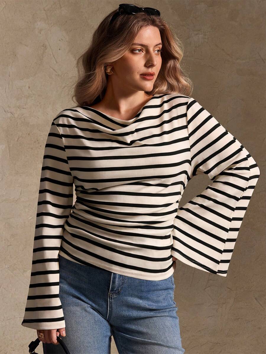 Elegantrix Plus Size Women Loose Collar Flare Sleeve Gathered Waist Ruched Chiffon Knit Casual Top, Autumn/Winter