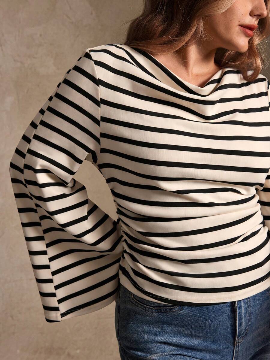 Elegantrix Plus Size Women Loose Collar Flare Sleeve Gathered Waist Ruched Chiffon Knit Casual Top, Autumn/Winter