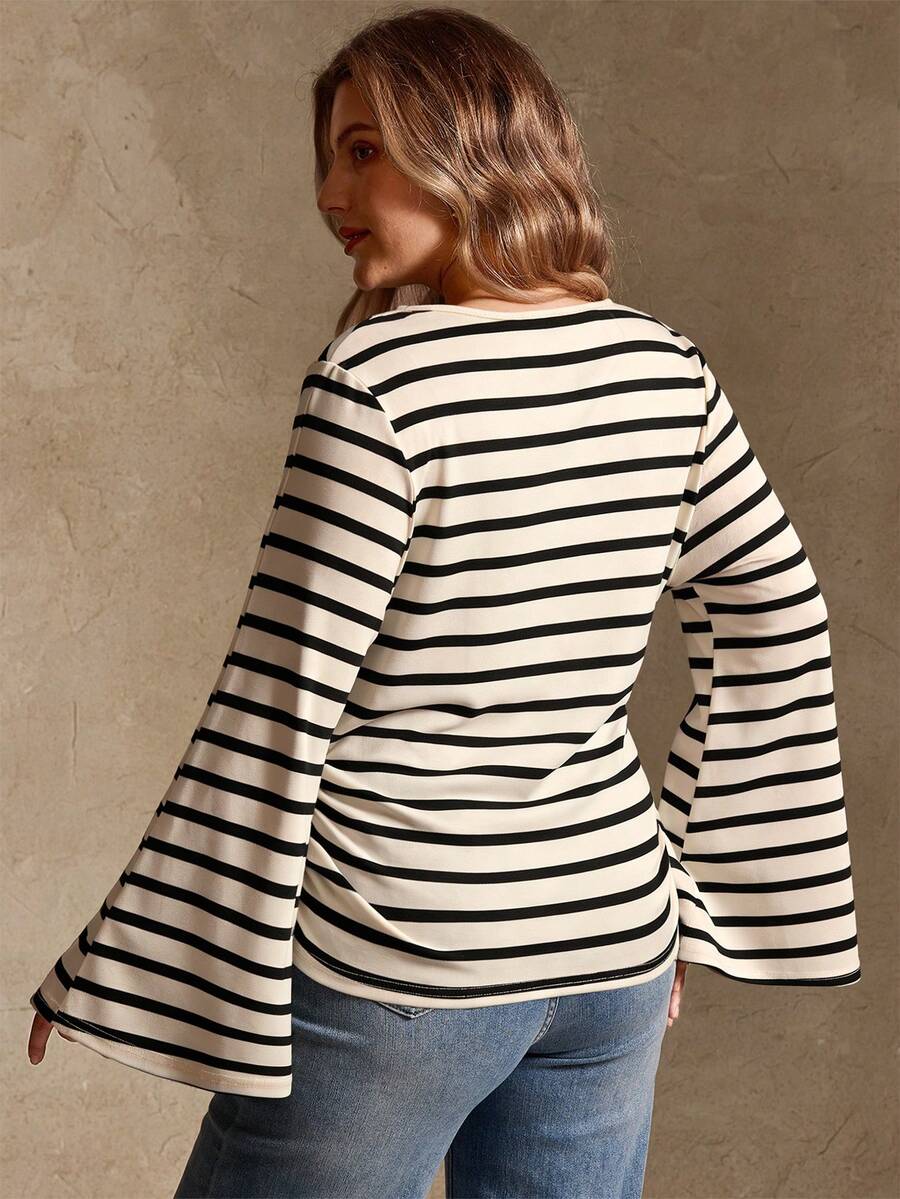 Elegantrix Plus Size Women Loose Collar Flare Sleeve Gathered Waist Ruched Chiffon Knit Casual Top, Autumn/Winter