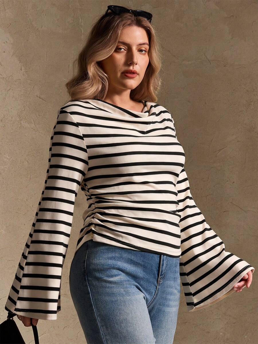 Elegantrix Plus Size Women Loose Collar Flare Sleeve Gathered Waist Ruched Chiffon Knit Casual Top, Autumn/Winter