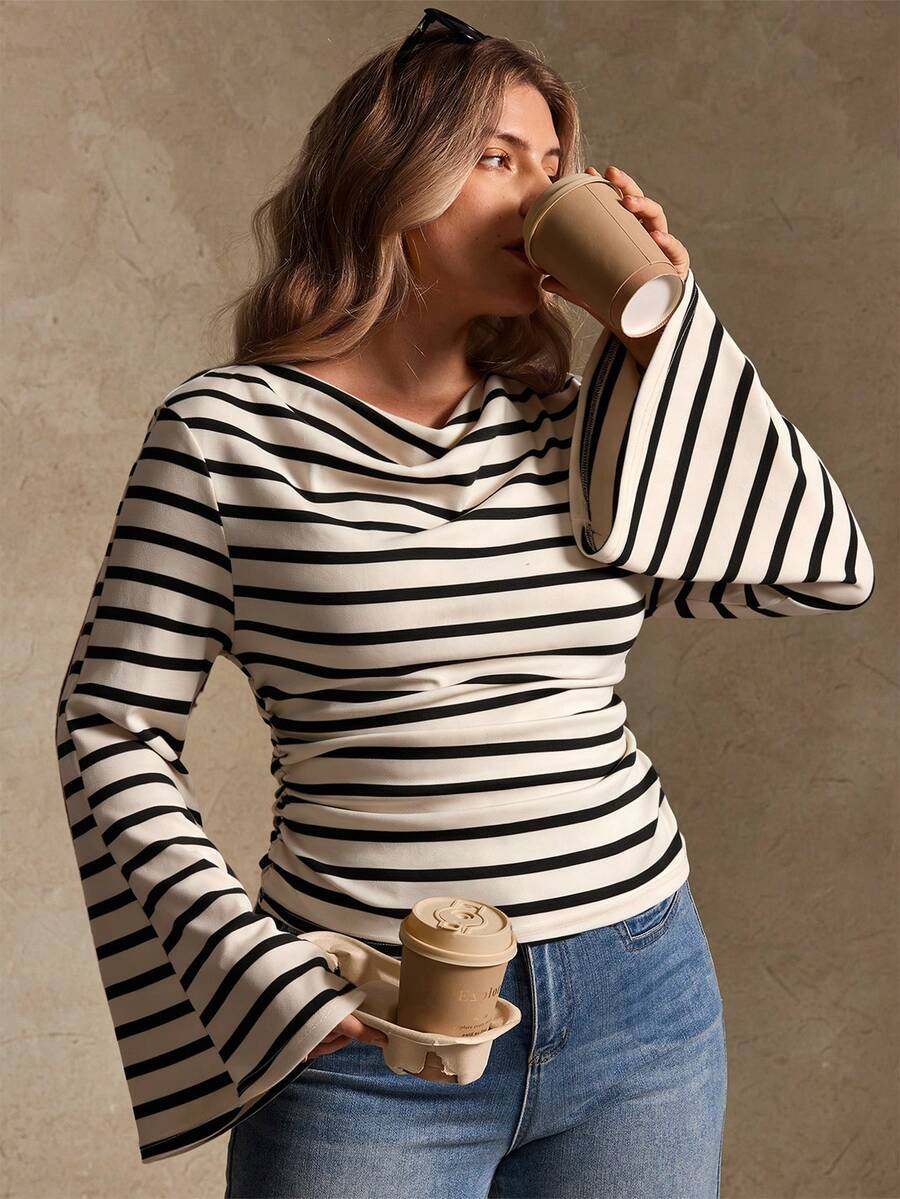 Elegantrix Plus Size Women Loose Collar Flare Sleeve Gathered Waist Ruched Chiffon Knit Casual Top, Autumn/Winter