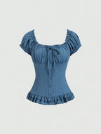 Sweetra Women's Summer Solid Color Ruffle Hem Tie Waist Short Sleeve Blouse